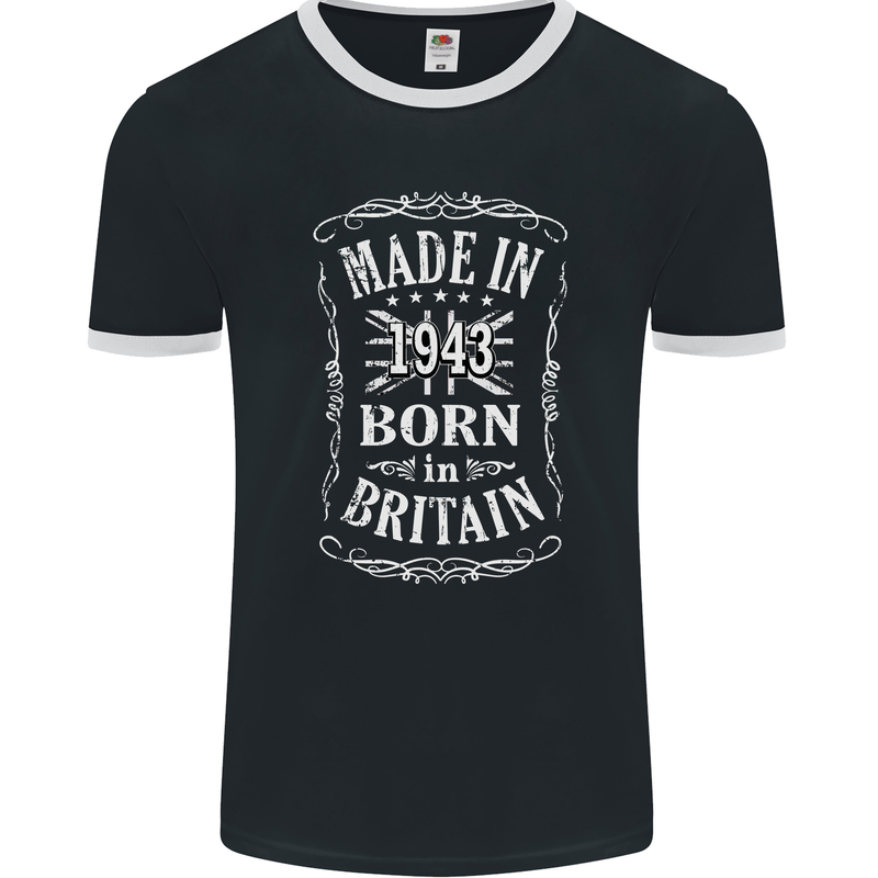 Born In Britain 80th Birthday Made 1943 Mens Ringer T-Shirt FotL Black/White