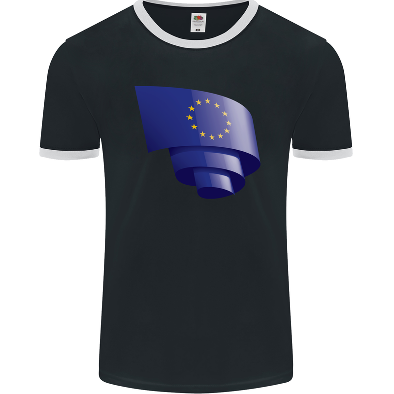 Curled EU Flag European Union Flag Football Mens Ringer T-Shirt FotL Black/White