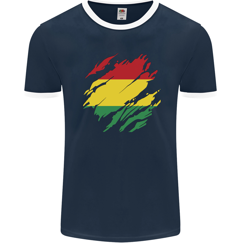 Torn Bolivia Flag Bolivian Day Football Mens Ringer T-Shirt FotL Navy Blue/White