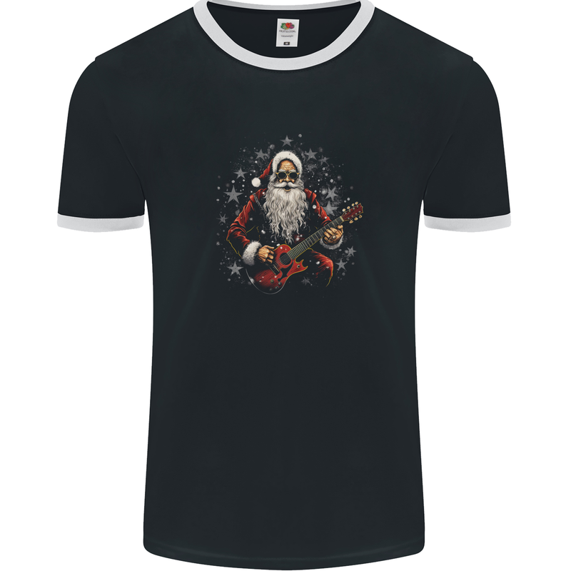 Santa Playing the Guitar Rock Music Christmas Xmas Mens Ringer T-Shirt FotL Black/White