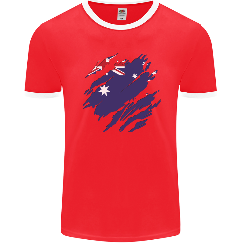 Torn Australia Flag Australian Day Football Mens Ringer T-Shirt FotL Red/White