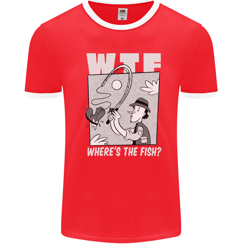 Wheres the Fish WTF Funny Fishing Fisherman Mens Ringer T-Shirt FotL Red/White