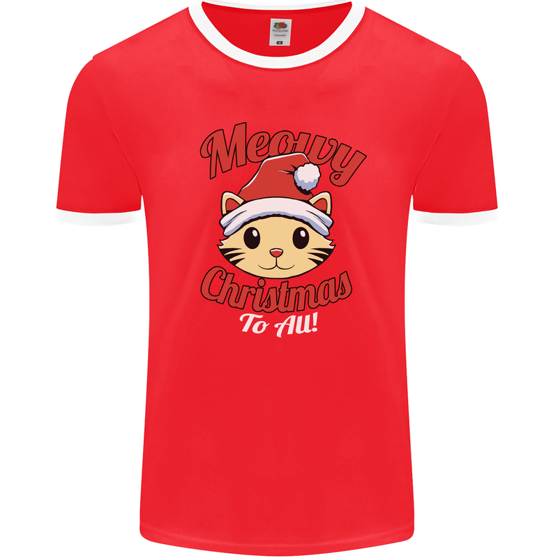 Christmas Cat Meowy Funny Christmas Mens Ringer T-Shirt FotL Red/White