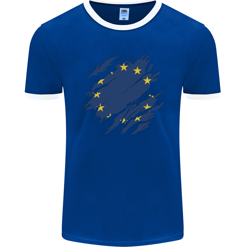 Torn EU Flag European Union Flag Football Mens Ringer T-Shirt FotL Royal Blue/White