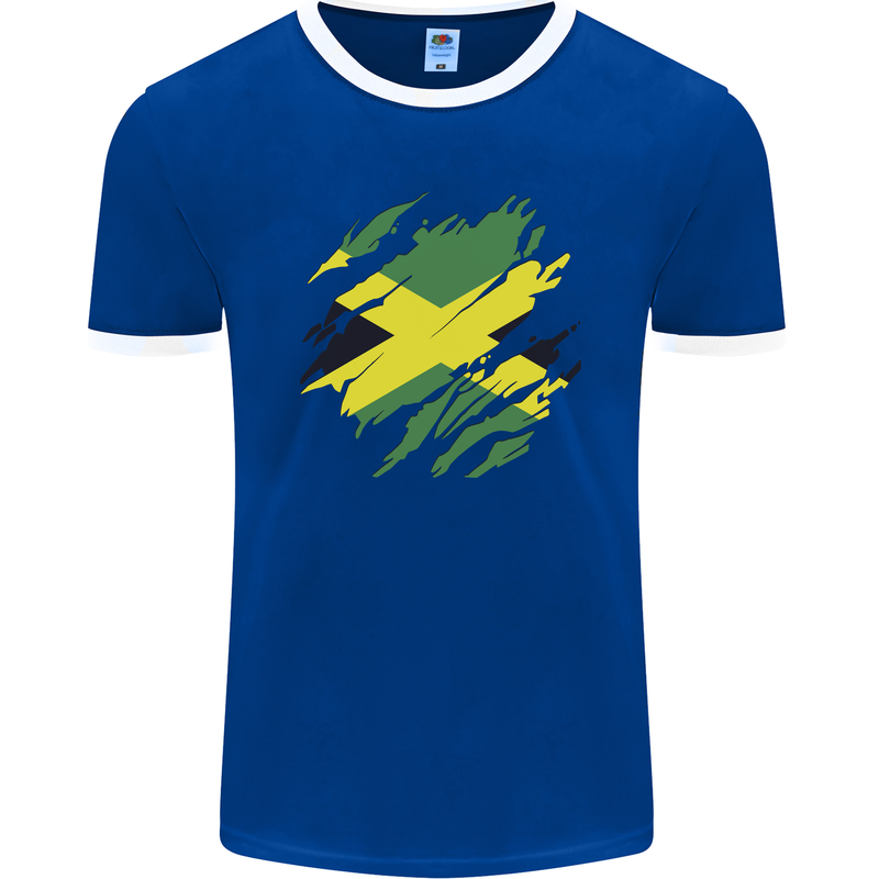 Torn Jamaican Flag Jamaica Day Football Mens Ringer T-Shirt FotL Royal Blue/White