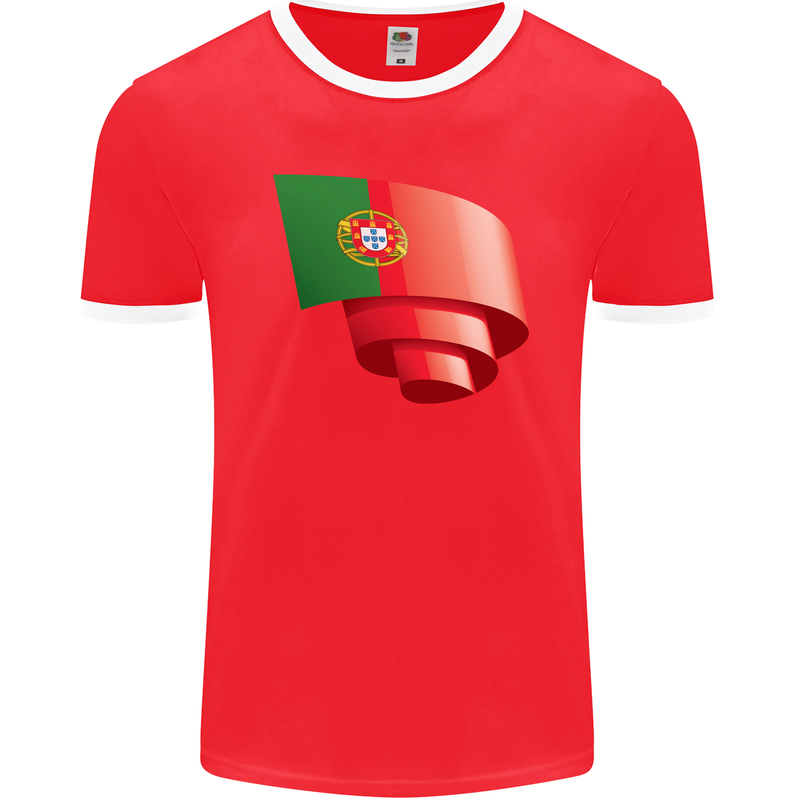 Curled Portugal Flag Portugese Day Football Mens Ringer T-Shirt FotL Red/White