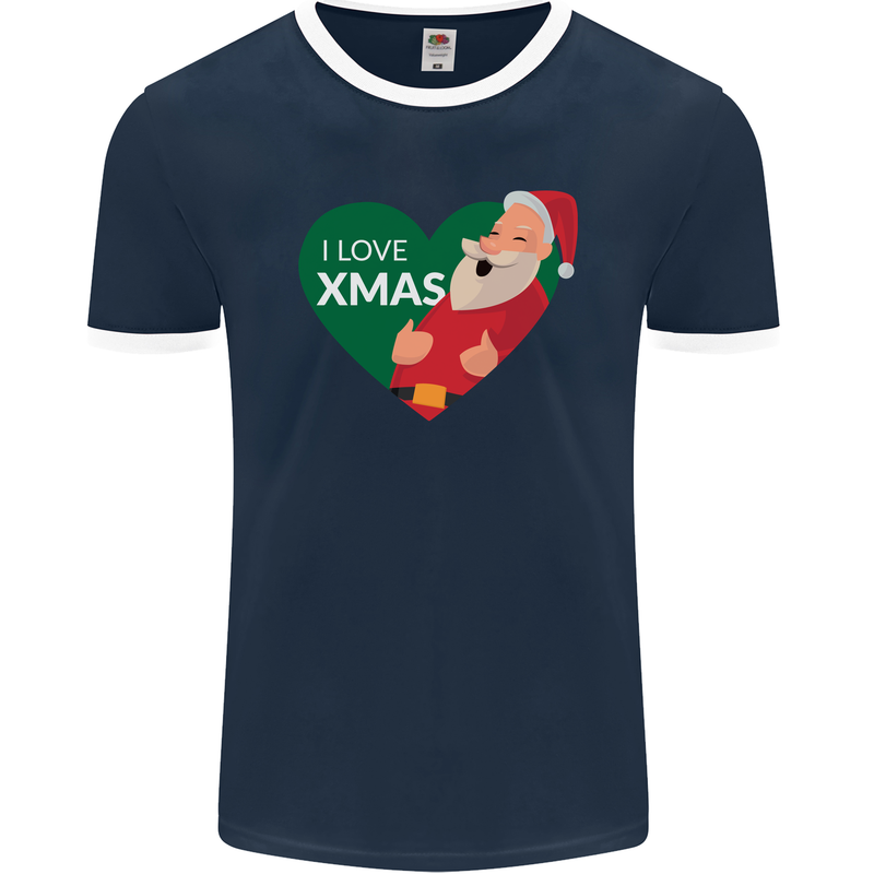 I Love Xmas Santa Claus Christmas Mens Ringer T-Shirt FotL Navy Blue/White
