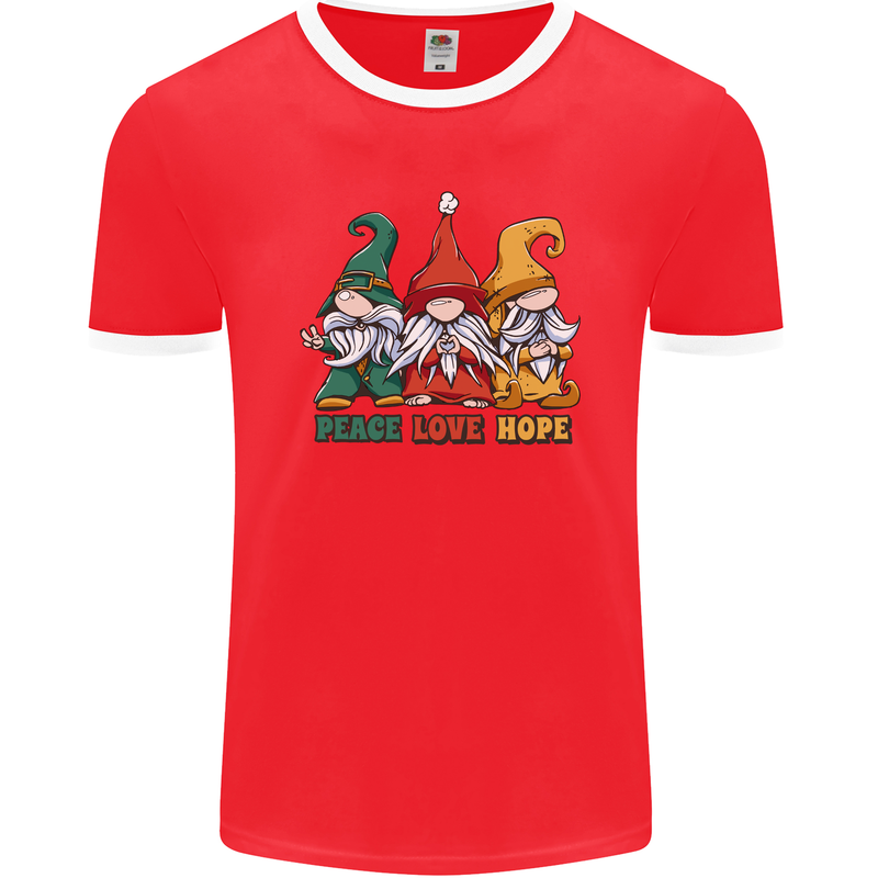 Peace Love Hope 3 Gnomes Mens Ringer T-Shirt FotL Red/White