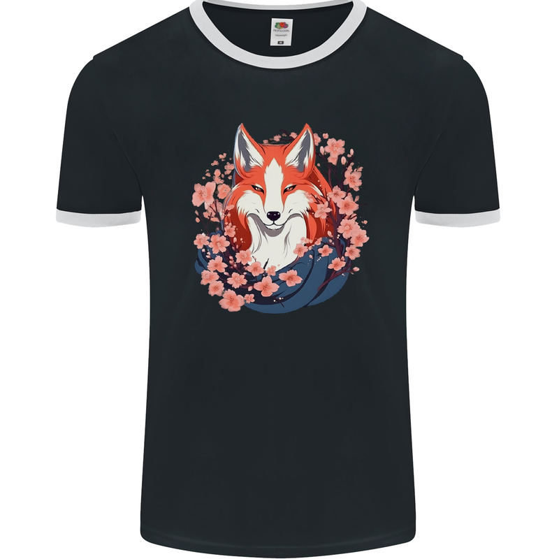 A Japanese Kitsune With Flowers Fox Mens Ringer T-Shirt FotL Black/White