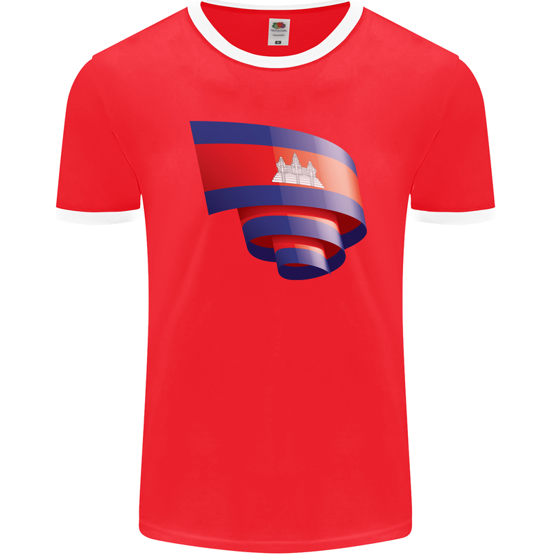Curled Cambodia Flag Cambodian Day Football Mens Ringer T-Shirt FotL Red/White