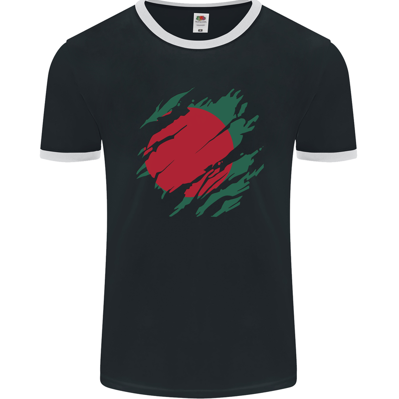 Torn Bangladesh Flag Bangladeshi Day Football Mens Ringer T-Shirt FotL Black/White