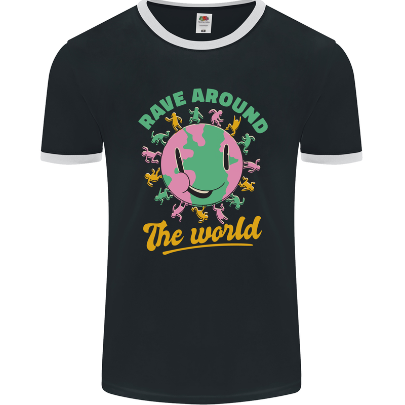 Rave Around the World Dance Music Raver Acid Mens Ringer T-Shirt FotL Black/White