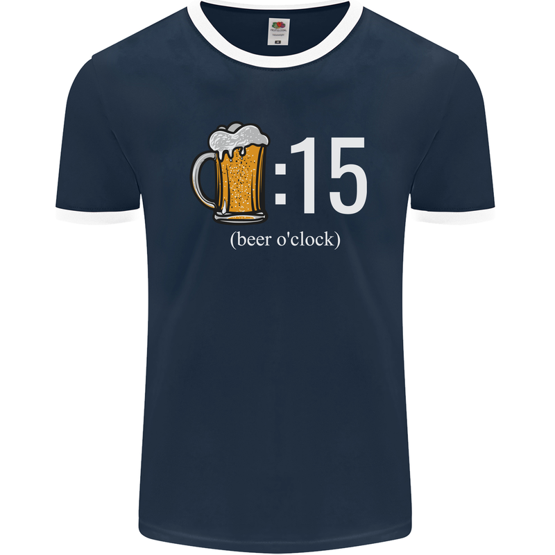 Beer O'Clock Funny Alcohol Mens Ringer T-Shirt FotL Navy Blue/White