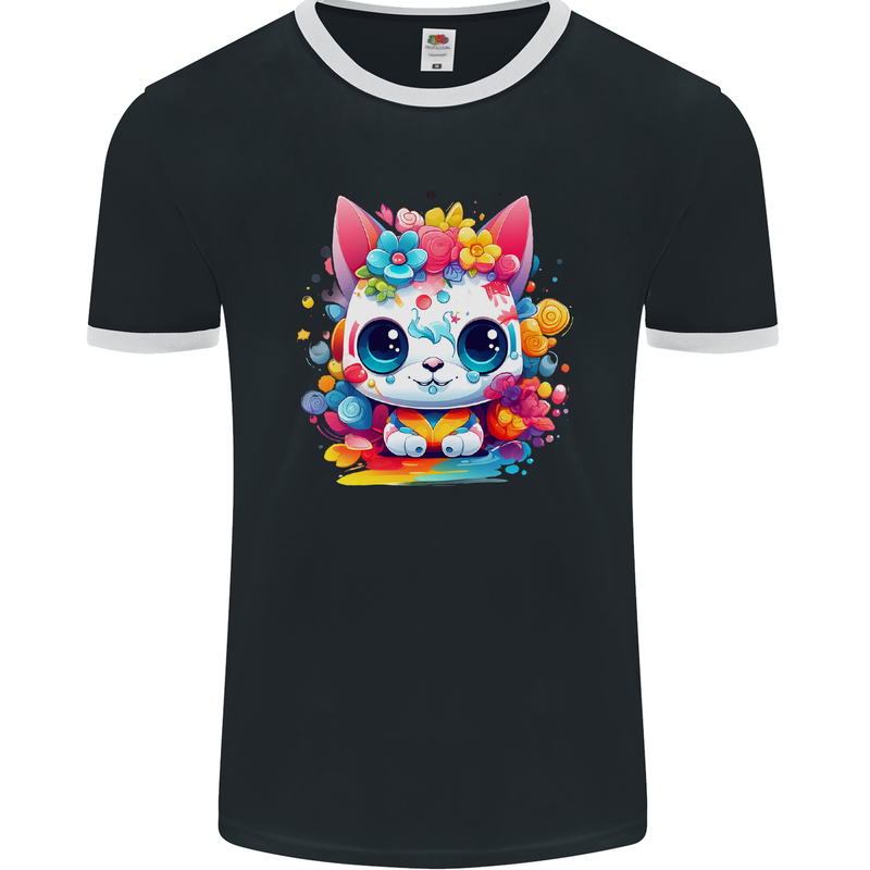 Cute Kawaii Cat Mens Ringer T-Shirt FotL Black/White