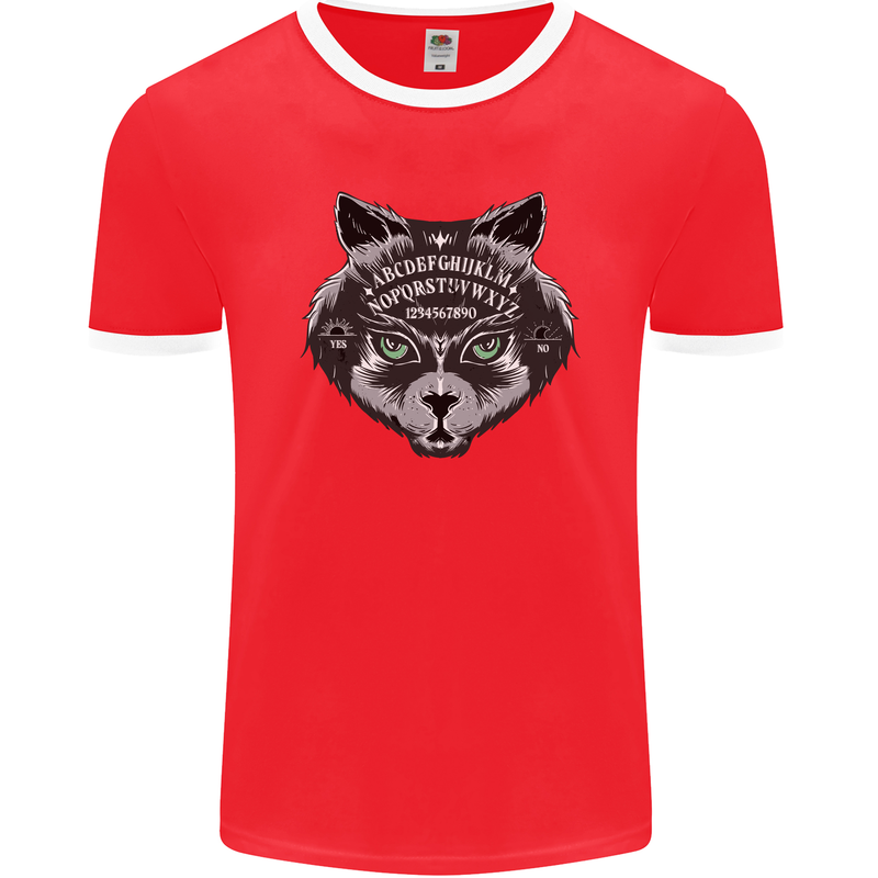 Ouija Board Cat Dark Black Magic Voodoo Mens Ringer T-Shirt FotL Red/White