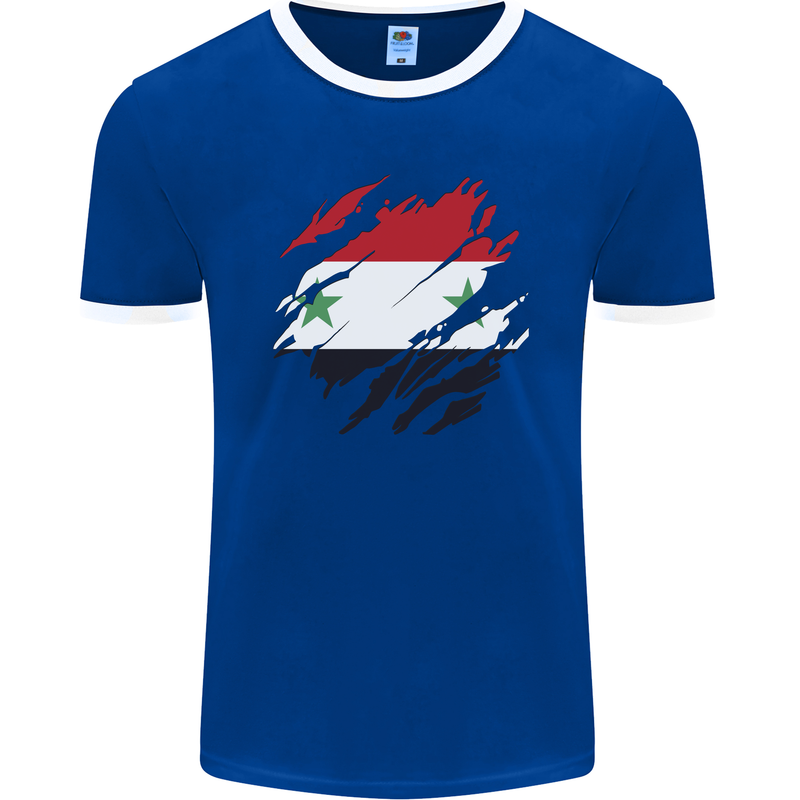 Torn Syria Flag Syrian Day Football Mens Ringer T-Shirt FotL Royal Blue/White