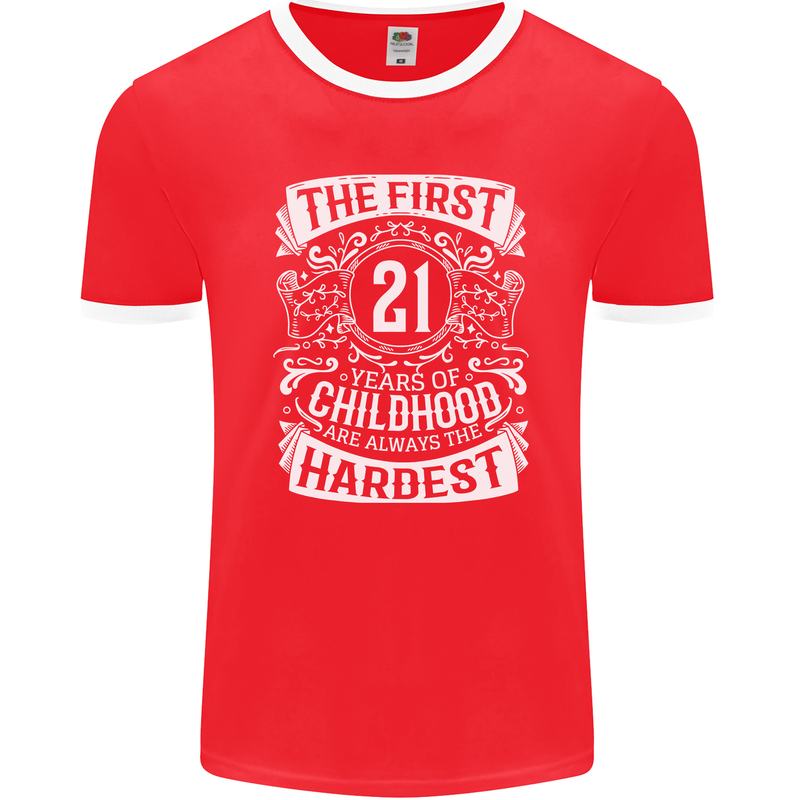 First 21 Years of Childhood Funny 21st Birthday Mens Ringer T-Shirt FotL Red/White