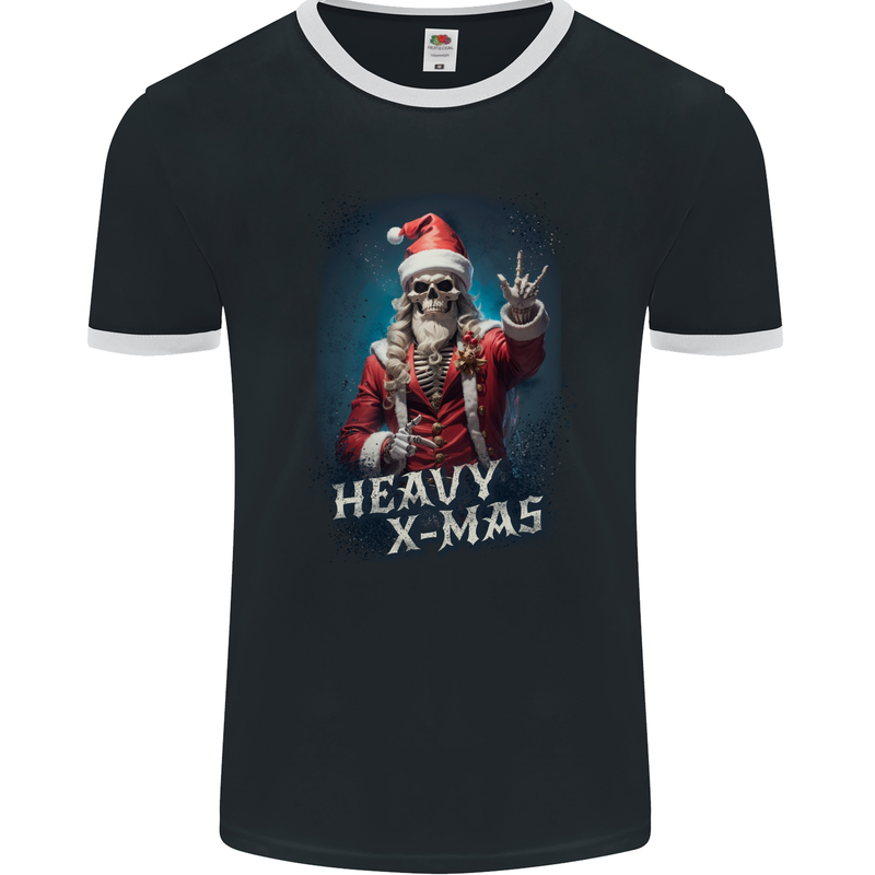 Heavy Christmas Rock n Roll Xmas Skull Metal Mens Ringer T-Shirt FotL Black/White