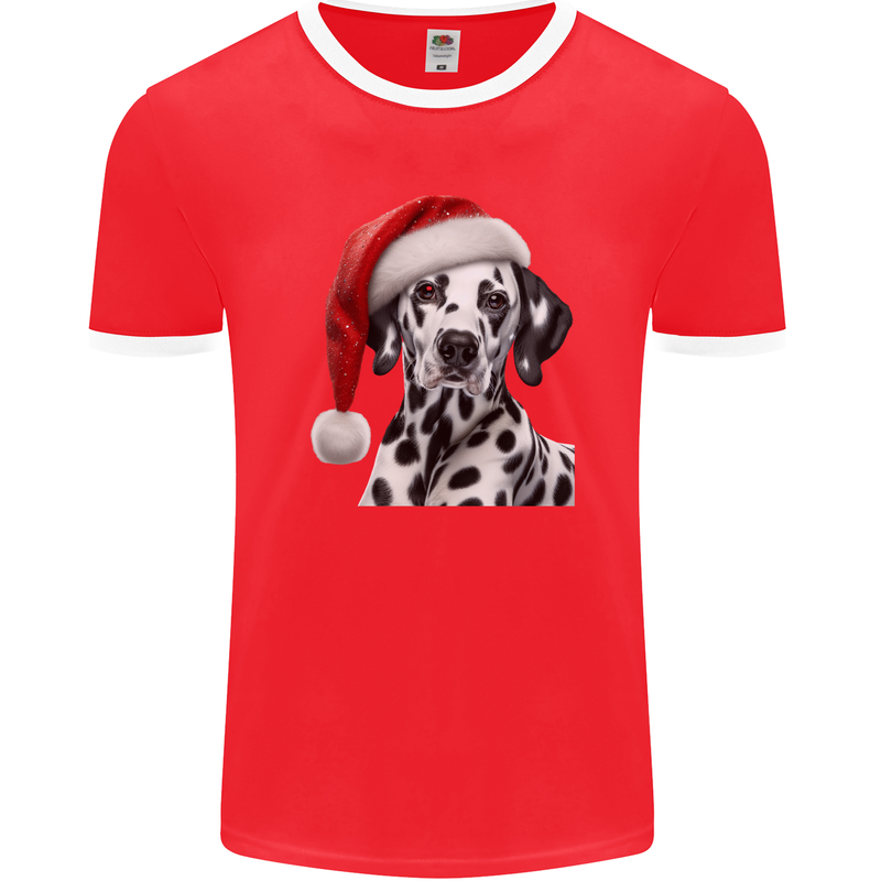 Christmas Dalmatian Wearing a Xmas Hat Dog Mens Ringer T-Shirt FotL Red/White