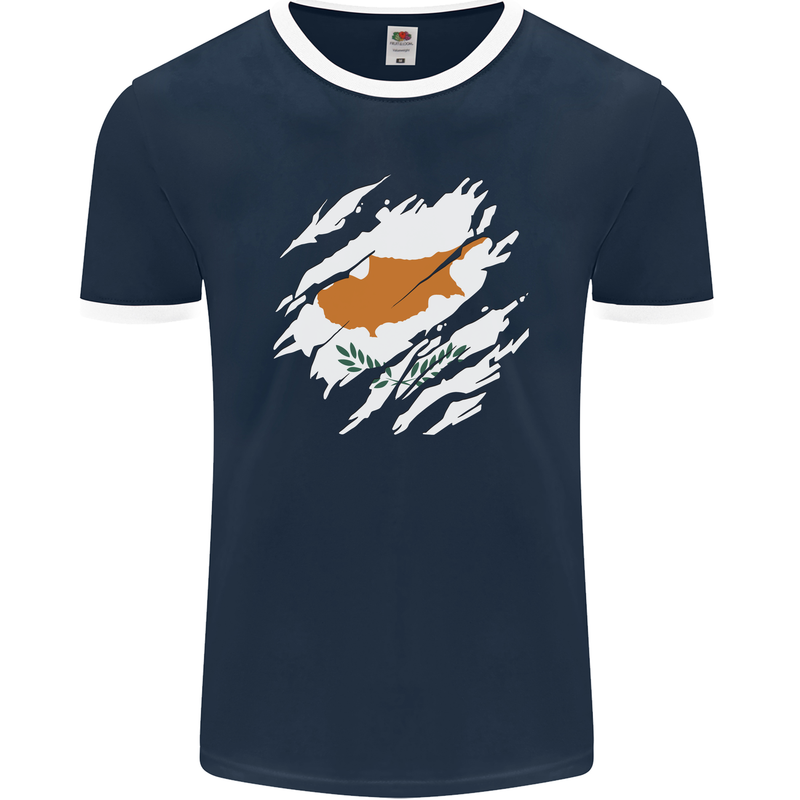 Torn Cyprus Flag Cypriot Day Football Mens Ringer T-Shirt FotL Navy Blue/White