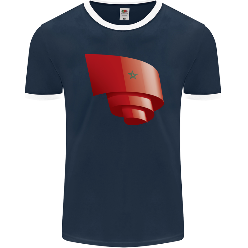 Curled Morocco Flag Moroccan Day Football Mens Ringer T-Shirt FotL Navy Blue/White