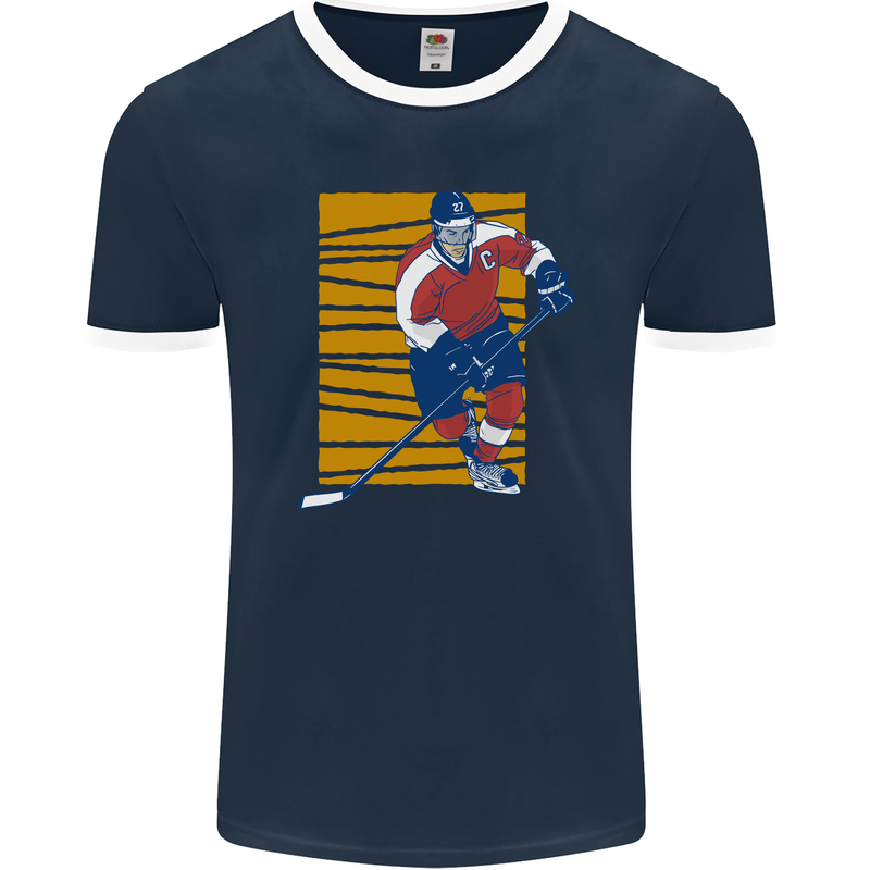 Ice Hockey Player Mens Ringer T-Shirt FotL Navy Blue/White