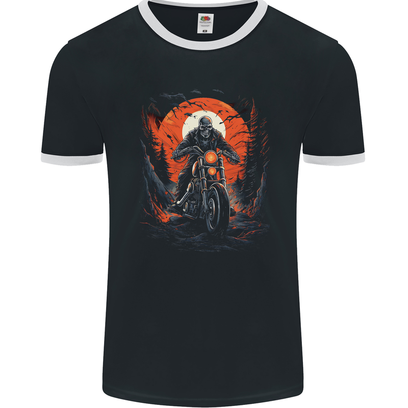 Skull Biker Motorcycle Motorbike Halloween 23 Mens Ringer T-Shirt FotL Black/White