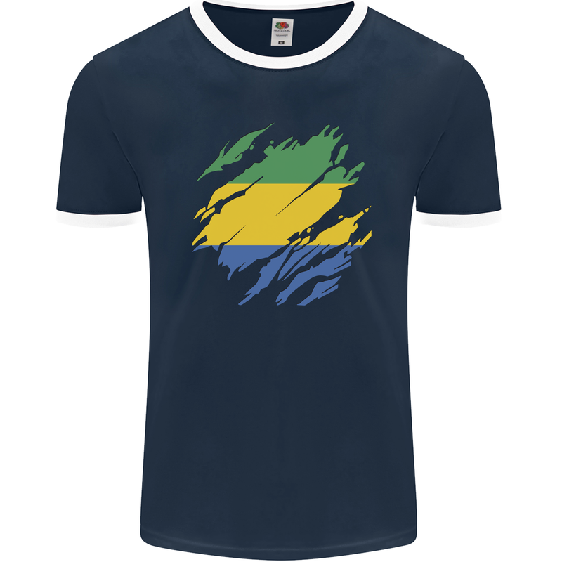 Torn Gabon Flag Gabonese Day Football Mens Ringer T-Shirt FotL Navy Blue/White