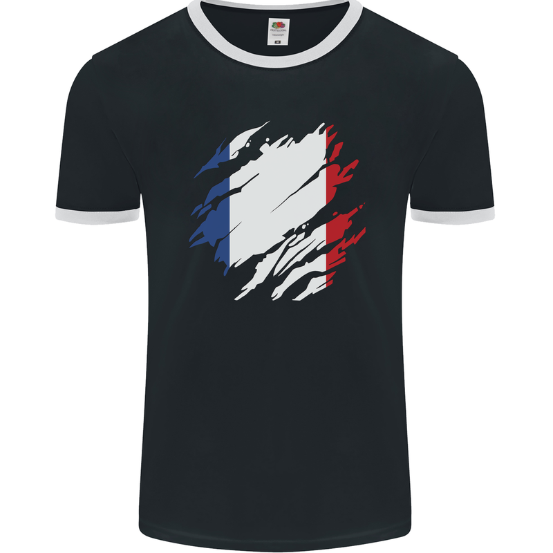 Torn France Flag French Day Football Mens Ringer T-Shirt FotL Black/White