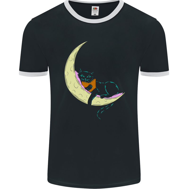 A Chilled Cat Reading a Book on the Moon Mens Ringer T-Shirt FotL Black/White