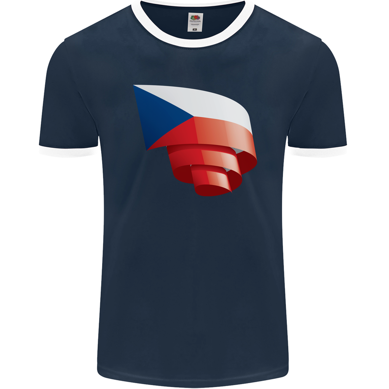Curled Czechia Flag Czech Republic Day Football Mens Ringer T-Shirt FotL Navy Blue/White
