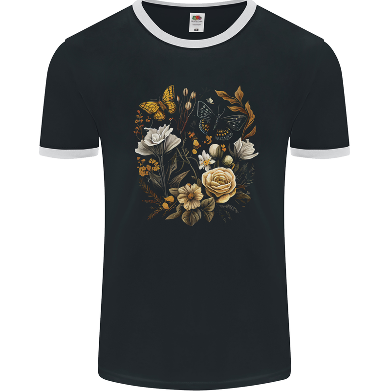 Butterfly and Flowers Nature Mens Ringer T-Shirt FotL Black/White