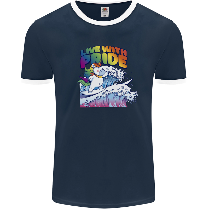 LGBT Live With Pride Unicorn Gay Pride Awareness Mens Ringer T-Shirt FotL Navy Blue/White