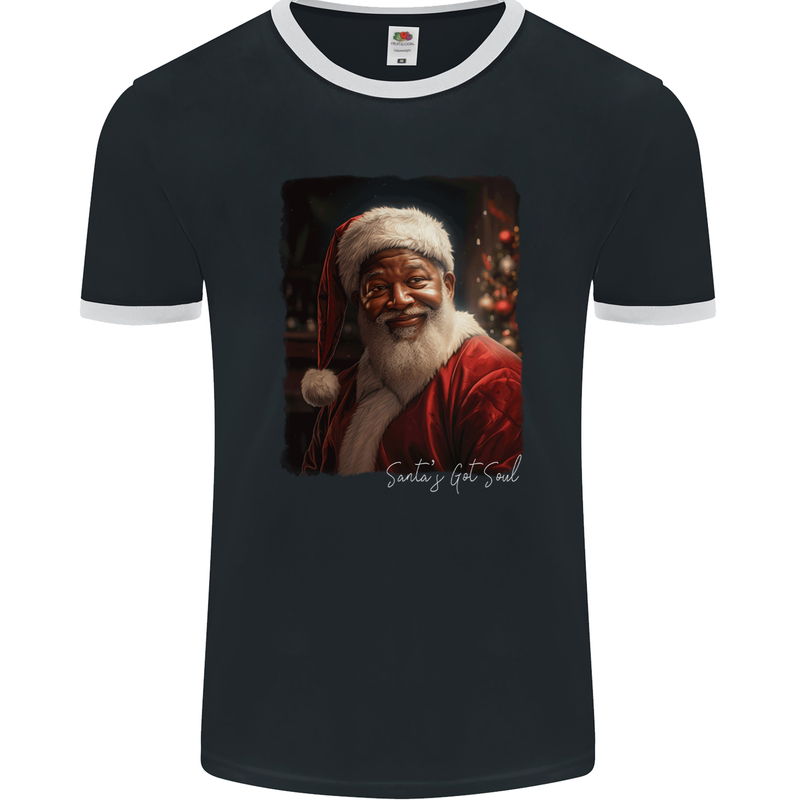 Black Santa's Got Soul Christmas Xmas Mens Ringer T-Shirt FotL Black/White