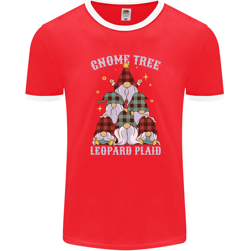 Christmas Gnome Tree Funny Xmas Plaid Tartan Mens Ringer T-Shirt FotL Red/White