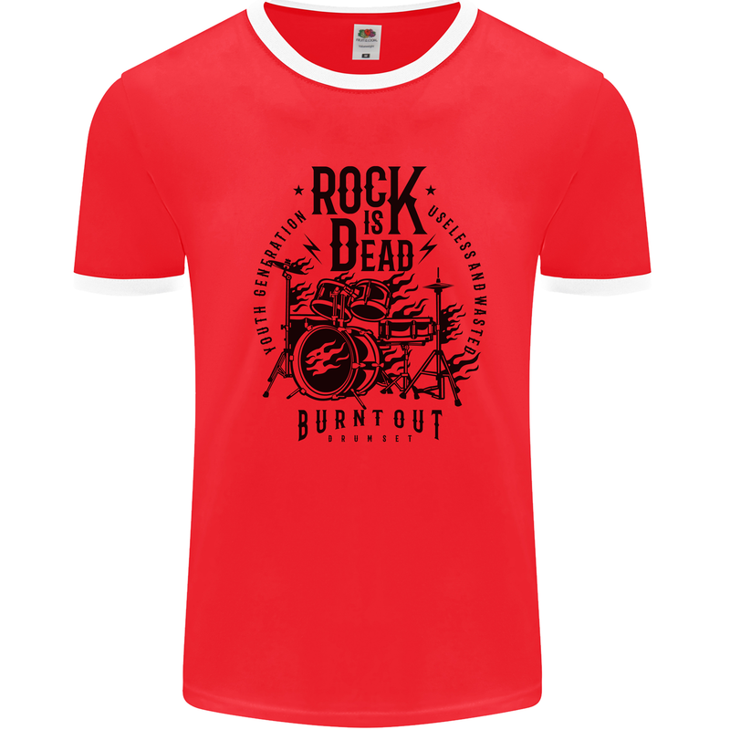 Rock is Dead Drum Kit Drummer Drumming Mens Ringer T-Shirt Red/White