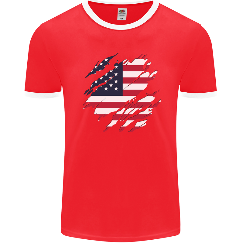 Torn USA Flag Independance Day Football Mens Ringer T-Shirt FotL Red/White