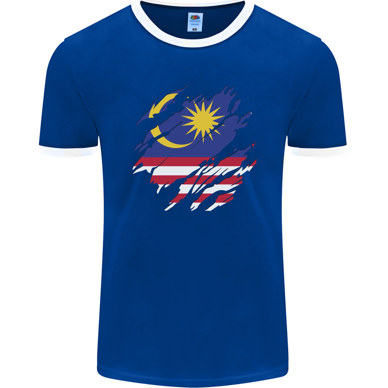 Torn Malaysia Flag Malaysian Day Football Mens Ringer T-Shirt FotL Royal Blue/White