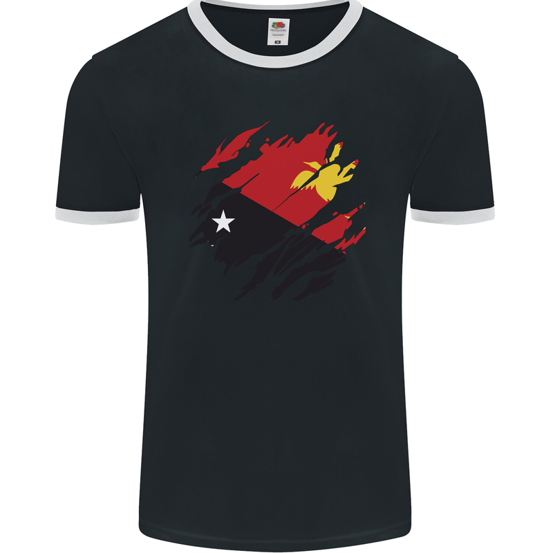 Torn Papua New Guinea Flag Day Football Mens Ringer T-Shirt FotL Black/White