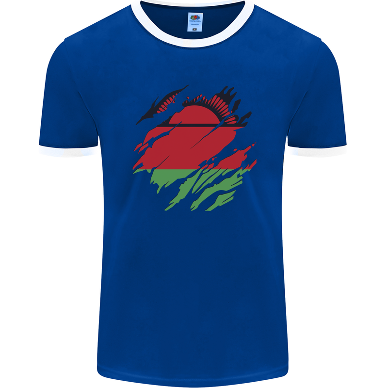 Torn Malawi Flag Malawian Day Football Mens Ringer T-Shirt FotL Royal Blue/White