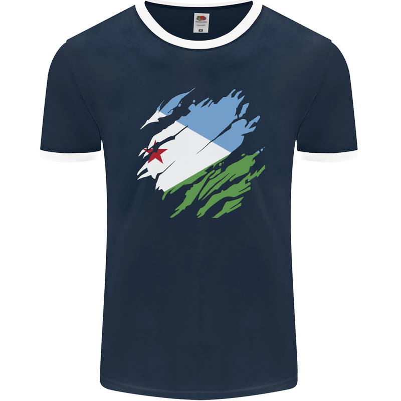 Torn Djibouti Flag Djiboutians Day Football Mens Ringer T-Shirt FotL Navy Blue/White