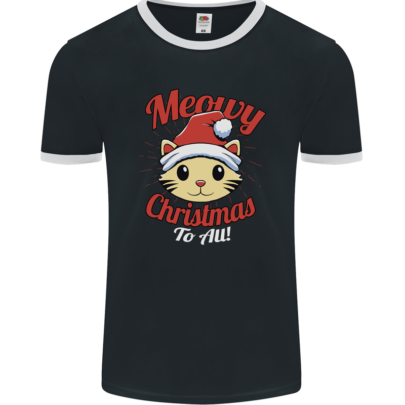 Christmas Cat Meowy Funny Christmas Mens Ringer T-Shirt FotL Black/White