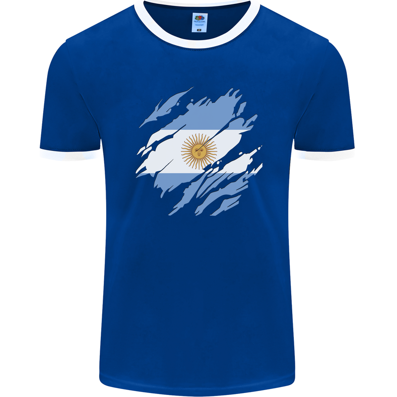 Torn Argentina Flag Argentinian Day Football Mens Ringer T-Shirt FotL Royal Blue/White