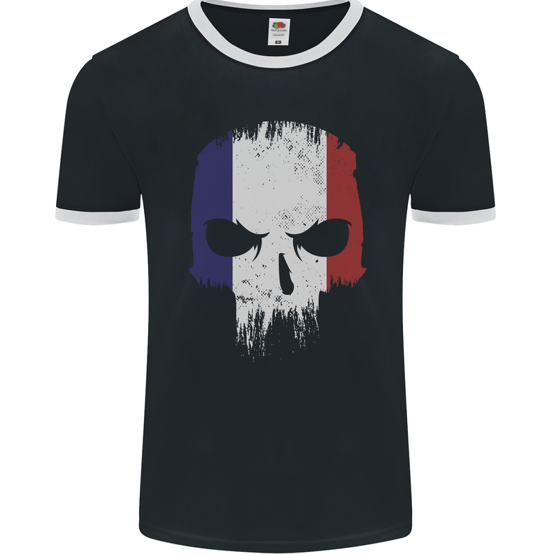 French Skull France Gym Biker Flag Mens Ringer T-Shirt FotL Black/White