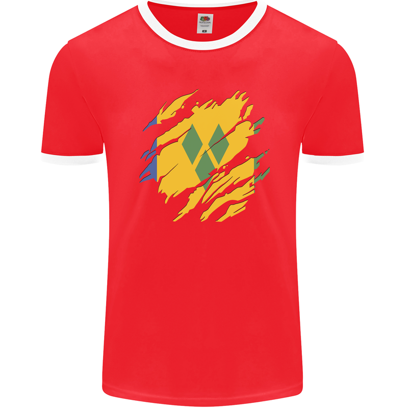 Torn Saint Vincent and Grenadines Flag Football Mens Ringer T-Shirt FotL Red/White