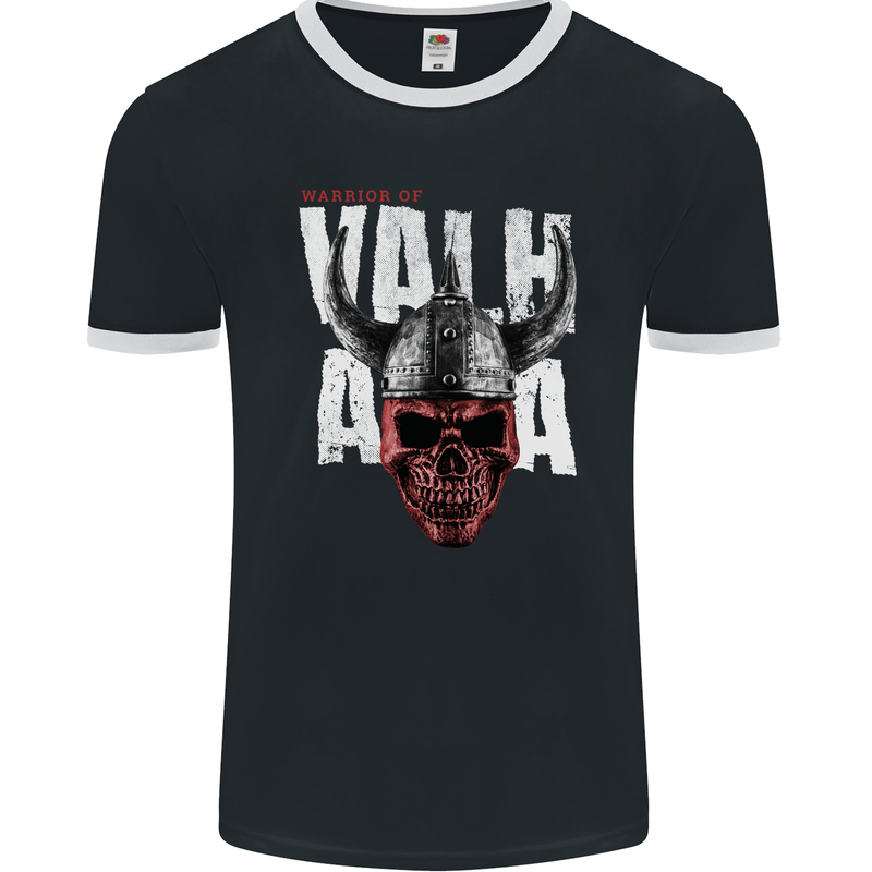 Viking Warrior Skull Valhalla Mens Ringer T-Shirt FotL Black/White