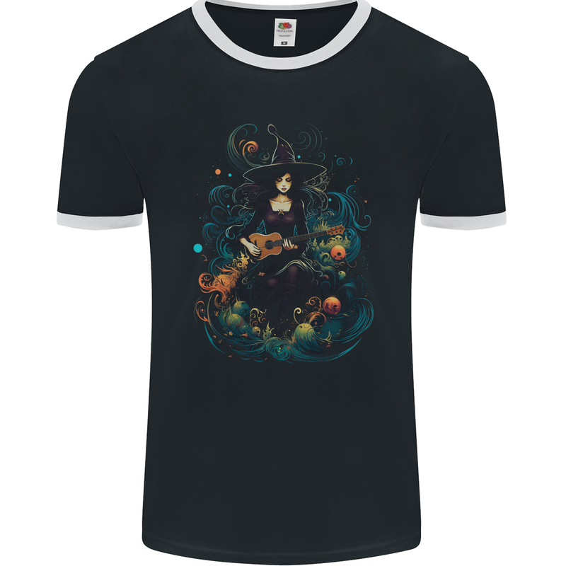 A Witch Playing a Guitar Halloween Fantasy Mens Ringer T-Shirt FotL Black/White