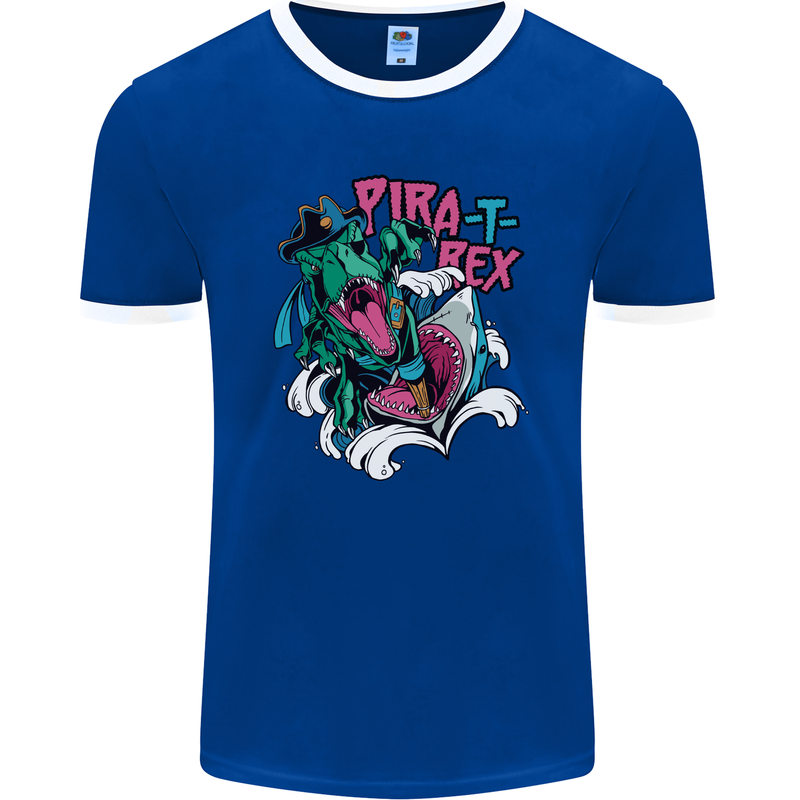 Pirate T-Rex Funny Dinosaur Mens Ringer T-Shirt FotL Royal Blue/White