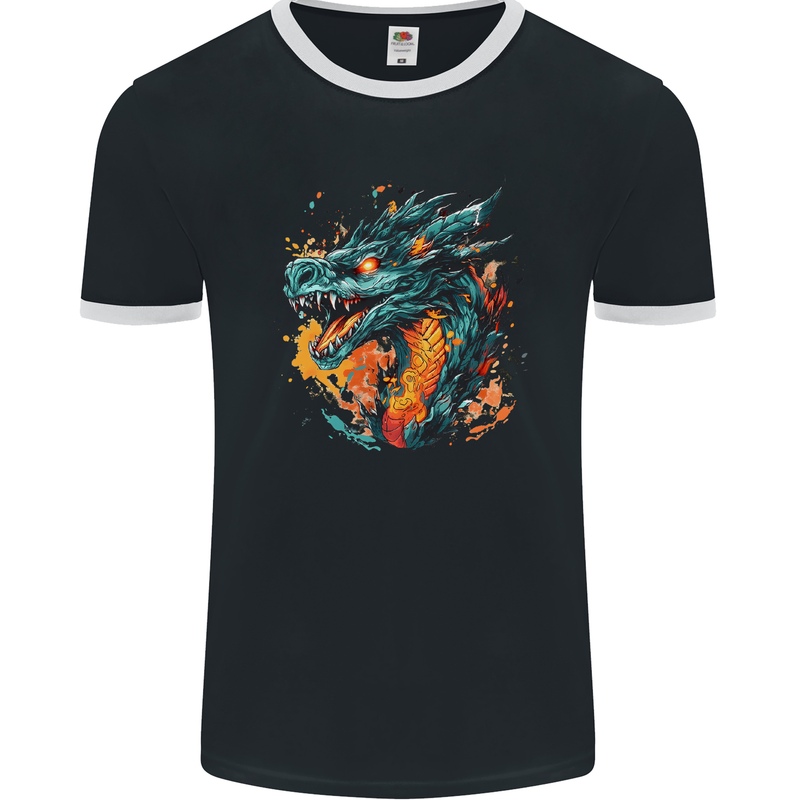A Fantasy Fire Dragon Mens Ringer T-Shirt FotL Black/White