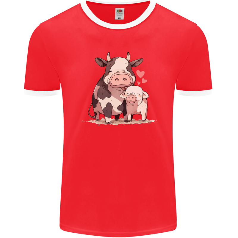 Love is a Cow and Pig Mens Ringer T-Shirt FotL Red/White